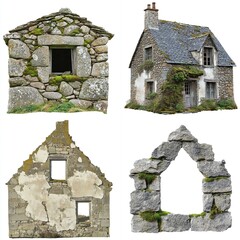 Four dilapidated stone houses, various states of ruin, isolated on white.