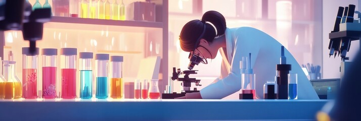 Leinwandbilder - Scientist conducts experiments in a vibrant laboratory filled with microscopes and colorful test tubes. Generative AI