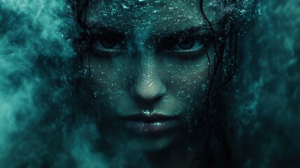 Wall Mural - A captivating close-up portrait captures intense emotions with dramatic lighting, highlighting intricate details of water droplets on the subject's face