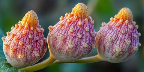 Wall Mural - Close-up of Vibrant Orange and Red Fuzzy Buds in Natural Setting with Intricate Textures and Details in a Lush Green Background