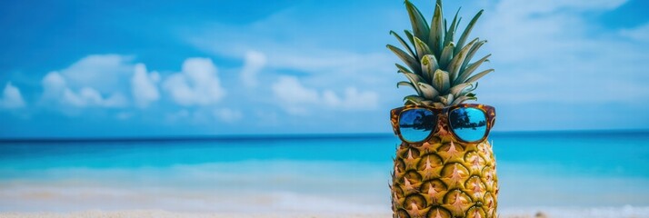 Leinwandbilder - Cheerful pineapple in sunglasses enjoying a sunny beach day with clear blue water and fluffy clouds above. Generative AI