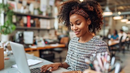 Wall Mural - Young Professional Woman Working on Laptop in Modern Creative Office Space with Plants and Natural Lighting