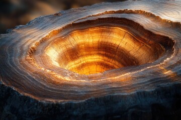Illuminated cross-section of a tree trunk revealing intricate growth rings and textures.