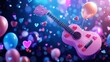 © Alpha - A stylized 3D render of a pink ukulele adorned with glowing heart decals, surrounded by colorful holographic confetti and floating balloons, vibrant pop art style