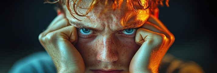 Wall Mural - A Close-Up Portrait of a Young Person with Intense Blue Eyes and Red Hair Conveying Deep Concentration and Introspection in Warm Lighting