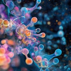 Fototapete - Exploring intricate molecular interactions with diverse microbes at microscopic levels. Generative AI