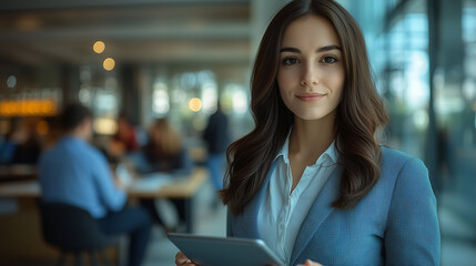 Wall Mural - Woman with tablet in business setting smiling confidently while using technology for professional tasks