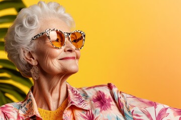 Stylish senior woman poses confidently in vibrant sunglasses against a sunny yellow backdrop