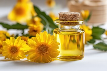 Wall Mural - Oil infused calendula blooms with leaves on a white backdrop