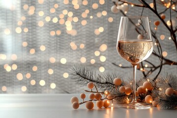 Wall Mural - Elegant glass of rosé wine with festive decorations and soft lights in a cozy indoor setting