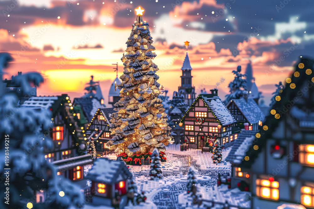 Christmas scene with a large tree in the center. The houses are small and the snow is piled up. Scene is festive and cozy