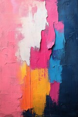 Sticker - Abstract Expressionist Painting Featuring Vibrant Brush Strokes in Pink, Blue, and Yellow Hues on a Textured Canvas Surface with Dynamic Color Contrasts