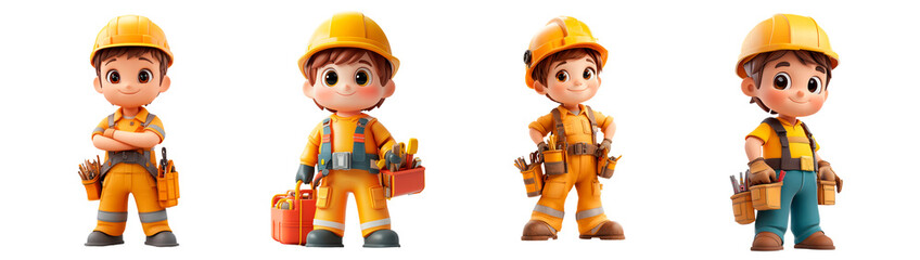 set of 3d character human construction work on transparent background, png