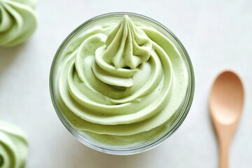 A glass of creamy, swirled matcha dessert, possibly ice cream or mousse, with two matcha meringue cookies beside it.