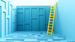 © Thiago - Concept - solving a complex problem by thinking out of the box or cheating. blue maze and floor with a yellow ladder leaned against the wall. web banner format. Firebloom. Illustration