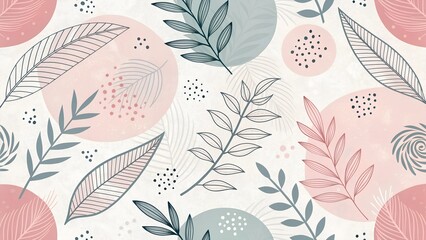 Wall Mural - A seamless hand-drawn design with pastel pink and soft gray abstract geometric forms, mixed with organic textured elements for a vintage, retro look.
