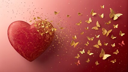 Wall Mural - A rich crimson heart with a granular texture dissolves into radiant gold butterflies fluttering in all directions. The background is a deep red-to-light pink gradient, exuding warmth and passion. 
