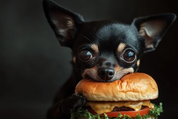 Wall Mural - A black Chihuahua attempting to devour a huge burger