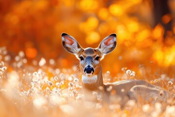 autumn stag resting in grass in canada during mating season
