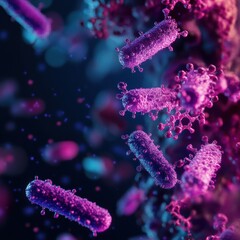 Poster - Detailed 3D render of vibrant microbes showcasing unique forms and colors in a microscopic environment. Generative AI