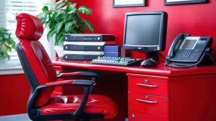 Wall Mural - Ergonomic Red Office Chair in Modern Workspace with Desktop Computer, Organized Files, and Telephone for Efficient Work Environment