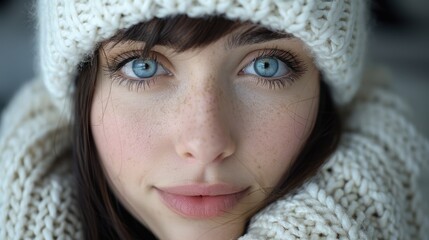 Wall Mural - Portrait of a Person Wearing a Cozy White Knitted Hat and Scarf, Capturing Their Bright Blue Eyes and Freckled Face with a Close-Up Shot