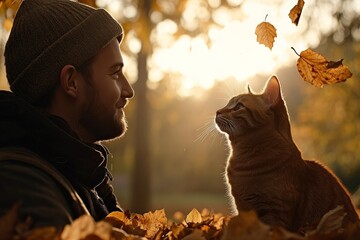 Wall Mural - Man enjoys a moment with a cat among autumn leaves at sunset in a tranquil park