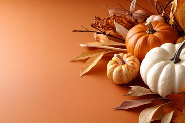 Wall Mural - Brightly colored pumpkins and autumn leaves create a warm fall arrangement on a warm orange background