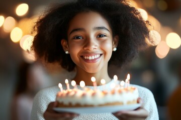 Wall Mural - Girl celebrates her birthday with a joyful smile while holding a cake adorned with candles in a warm, festive atmosphere