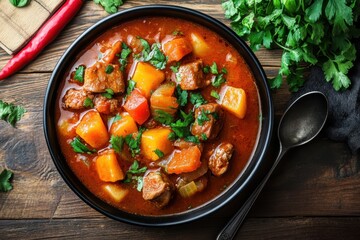 Poster - Asian meat and vegetable soup shurpa on a wooden table