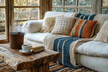 Wall Mural - a rustic coffee table adorned with a delicate arrangement of books and a steaming cup of coffee near a modern white sofa, creating a warm and inviting bohemian living room atmosphere