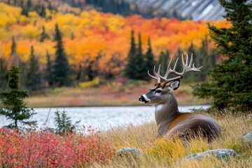 autumn buck resting in grass during mating season in canada