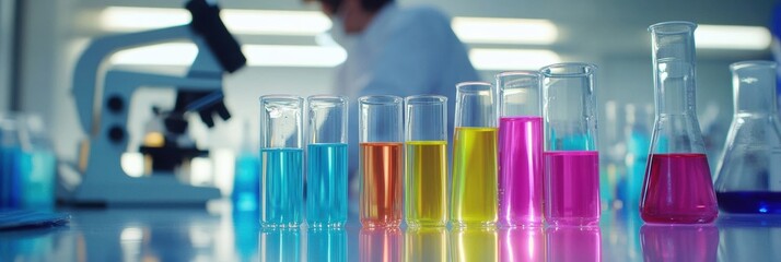 Leinwandbilder - Laboratory setting featuring microscopes and colorful test tubes with various liquids under bright lighting. Generative AI