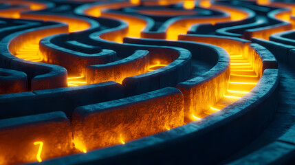 A labyrinth maze with a glowing yellow path on a blue background suggesting a concept of problem solving. 3d rendering. Firebloom. Illustration