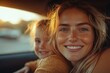 © Kseniya - Joyful Family Road Trip with Cute Children Smiling and Looking Out the Car Windows