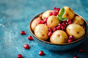 Poster - Batata Harra traditional Arabic dish featuring spiced potatoes with pomegranate set against a blue backdrop