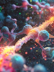 Fototapete - Exploring molecular interactions with microbes in a vibrant and dynamic environment. Generative AI