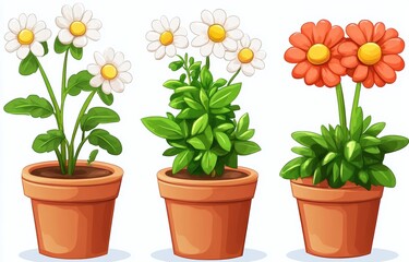 A set of watercolor clipart featuring a houseplant pot with blooming flowers, themed for spring and summer gardening, displayed as an isolated collection on a white background