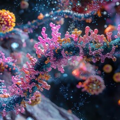 Aufkleber - Close up view of a molecular RNA chain surrounded by various viruses in a colorful and dynamic environment. Generative AI