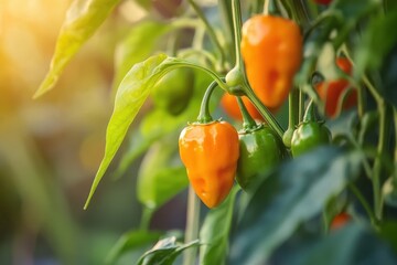 close up of habanero peppers on the plant featuring ripe orange and unripe green varieties