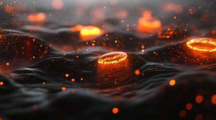 Leinwandbilder - 3D render showcasing vibrant microbes illuminated by orange accents in a dark environment. Generative AI