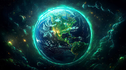 Wall Mural - Vibrant Earth: A Cosmic Portrait of Our Planet.  A mesmerizing view of Earth from space, glowing with vibrant energy against the backdrop of the cosmos.