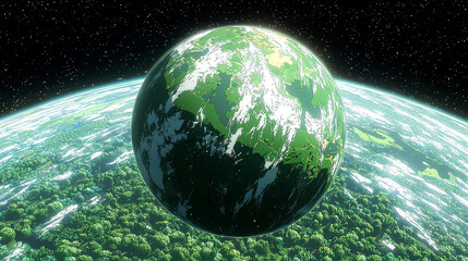 Wall Mural - Enthralling Vision of a Lush, Green Alien Planet. A breathtaking cosmic landscape, showcasing vibrant ecosystems and celestial wonders.