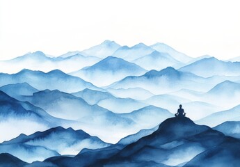 a watercolor landscape featuring vibrant blue mountain peaks and a meditating figure, perfect as a p