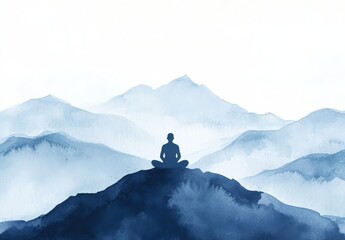 a vibrant blue mountain range and a meditating person are depicted in this watercolor landscape, off