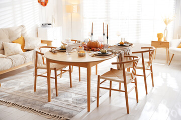 Wall Mural - Stylish table setting with beautiful dishware and autumn decor in dining room