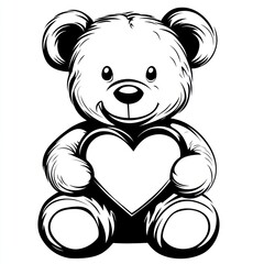 Wall Mural - Cartoon teddy bear holding a heart, black and white, isolated, for greeting card use