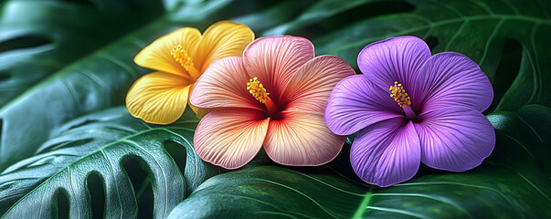 Sticker - Tropical Hibiscus Blooms on Monstera Leaves