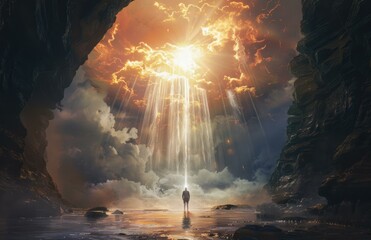 Wall Mural - a figure stands in a mystical landscape, bathed in light from above. ai.
