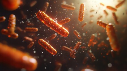 Poster - Vibrant 3D render showcasing dynamic microbes in a dark environment illuminated by soft light. Generative AI